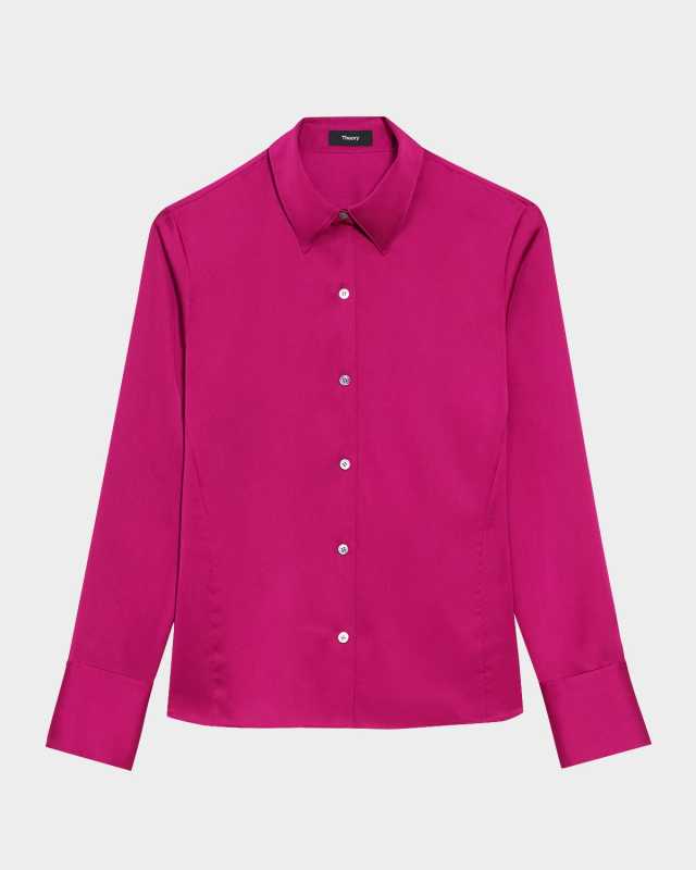 Satin Slim Button-Front Blouse